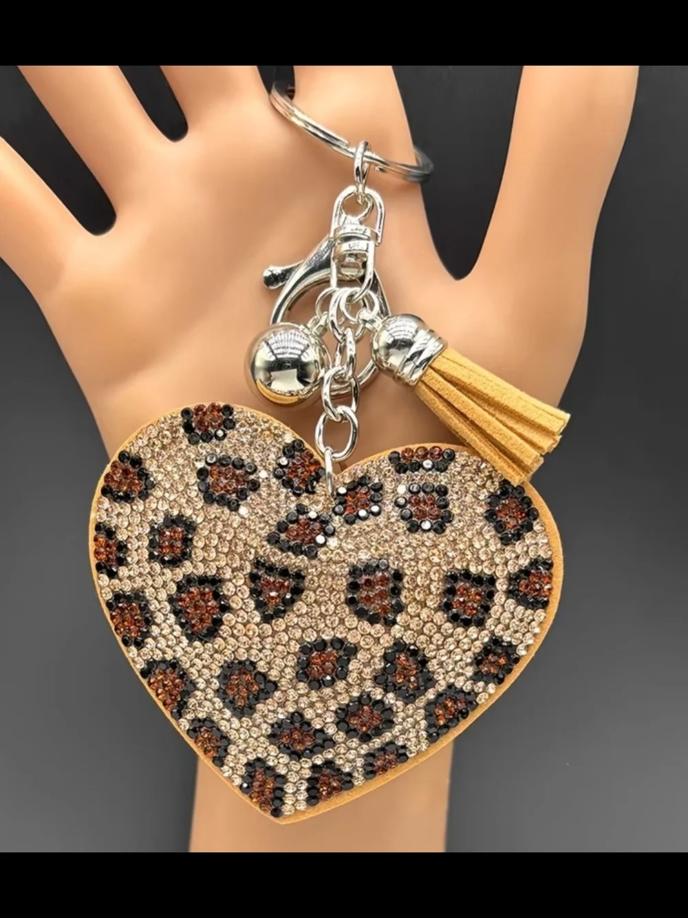 Leopard Crystal Heart Keyring with Tassel